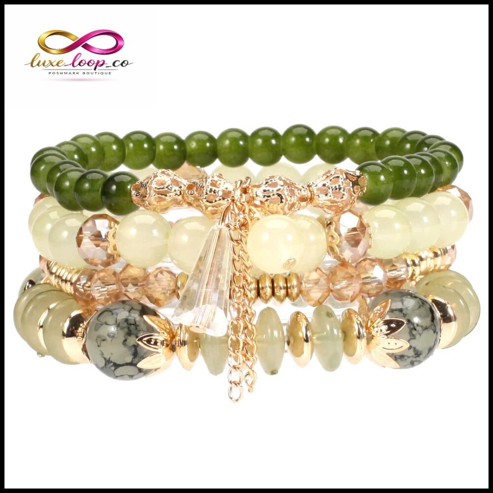 Boho Stretch Bracelets Set Crystal Beaded Gold Charm‎ Multilayer Elastic